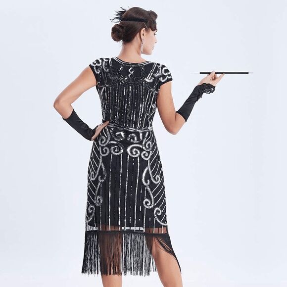 ✨ Flapper Great Gatsby Roaring 1920s Retro Tassel Fringe Sequin Dress NEW - Picture 9 of 16